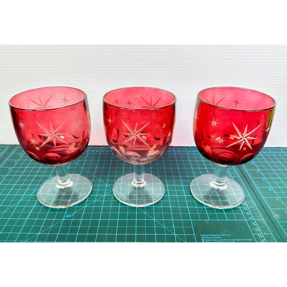 Bartlett Collins Atomic Starburst Cranberry Glass Lot 3 Goblets MCM Thumbprint